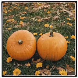 two orange pumpkins in front of some yellow dandelions