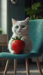a cat sitting on top of a chair holding a strawberry
