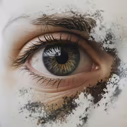 a close up of an eye with white smoke