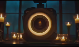 the image of a camera is taken near candles