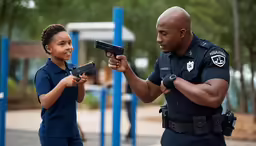 a police officer is teaching a young boy to control the gun
