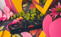 a table topped with pink and yellow table cloth