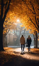 two people walking down a leaf covered pathway