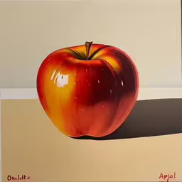 an apple is shown on a brown background,an oil painting of a large red apple on canvas,an apple sitting on a shelf beside a white wall,a painting of a red apple against a white background,an apple on display next to some colored papers