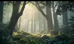 light through a forest filled with lots of ferns and trees