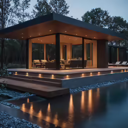 a small contemporary house is built around a pond
