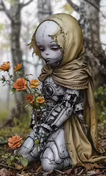 a girl with brown scarves and a robot holding a bouquet of flowers