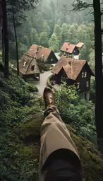 a person looking down at the woods from their feet