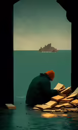 a man in orange hat sitting by an archway
