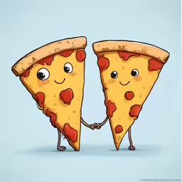a cartoon slice of pizza holding hands with eyes on each other