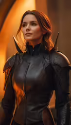 a woman in a leather outfit looking forward