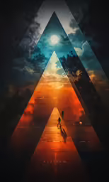 an abstract triangle with a person riding a bike at sunset