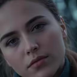 a close up photo of a girl with light brown hair and dark eyes