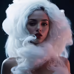 woman with large hair wearing a white wig