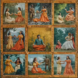the painting shows men and women performing their moves