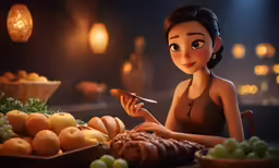 there is a woman sitting at the table with fruit