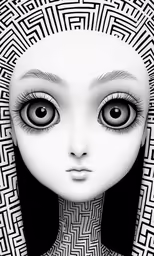 a person with black hair and eyes has an abstract grid pattern