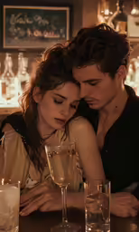a young man and woman hugging at a bar