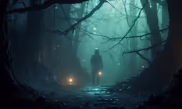 an image of a person walking through the forest