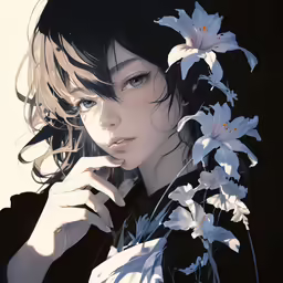 a picture of a girl holding flowers near her face