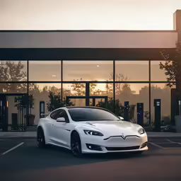 a white car is parked in front of the building