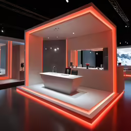 an illuminated bathroom with a tub and large mirror