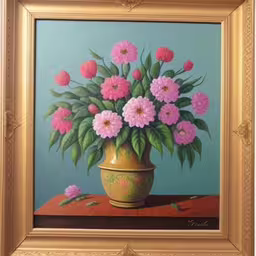 pink flowers in a yellow vase are on the table,a painting of flowers in a vase painted on a blue wall