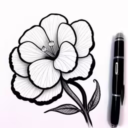 an ink drawing of a flower next to a pen,a drawing of a flower and a black marker on a paper