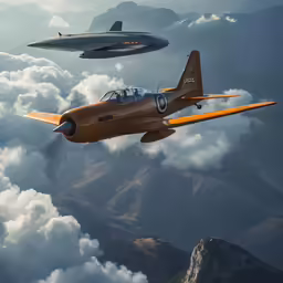 an orange and black airplane flying over some clouds