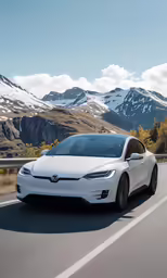 a white sports car on a road with snowy mountains