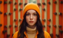 a girl is wearing a yellow sweater and a orange beanie
