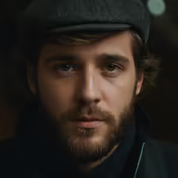 the bearded man with a hat and coat is staring at the camera