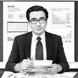 man in suit holding bowl at desk in front of poster