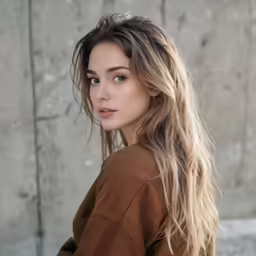 woman with long hair in brown sweater standing outdoors