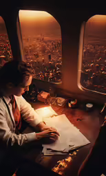 two women sitting on an airplane above the city