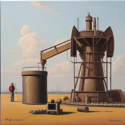a painting of people standing near large brown equipment