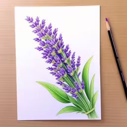 some watercolor purple flowers and a pencil,an artwork with a drawing of a branch of lavender