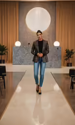 the woman is walking down the runway at the show