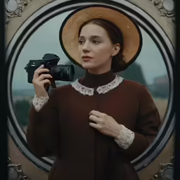 a woman holding a camera standing next to an old picture frame