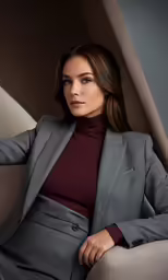 a woman in grey suit posing for a photo