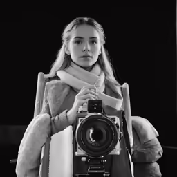 the woman is posing with an old fashioned camera