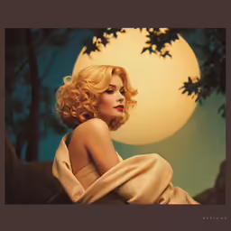 a woman in an elegant dress is looking at the full moon