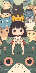 a girl sits on top of a cat surrounded by cats