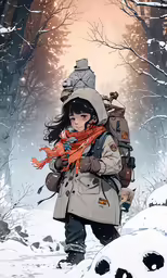 a person walking across snow covered ground in the woods
