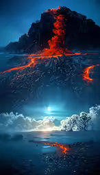 some hills and clouds in the sky with glowing fire
