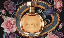 an ad for bwmxe8, featuring a rose background and an elegant bottle of eau