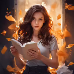 a woman with long hair holding a book in front of leaves