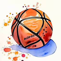 a basketball ball painted in red, orange, and blue,a watercolor and ink painting of a basketball,a watercolor painting of a basketball with the word home,the watercolor drawing has a basketball sitting on top of it,a watercolor and ink drawing of a basketball