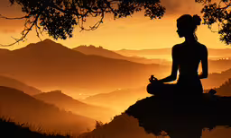 a silhouette of a woman in meditation sitting on a rock,a person in silhouette practicing yoga at dusk