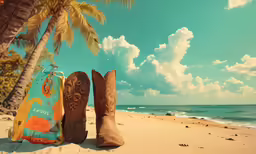a pair of cowboy boots next to a package on a beach